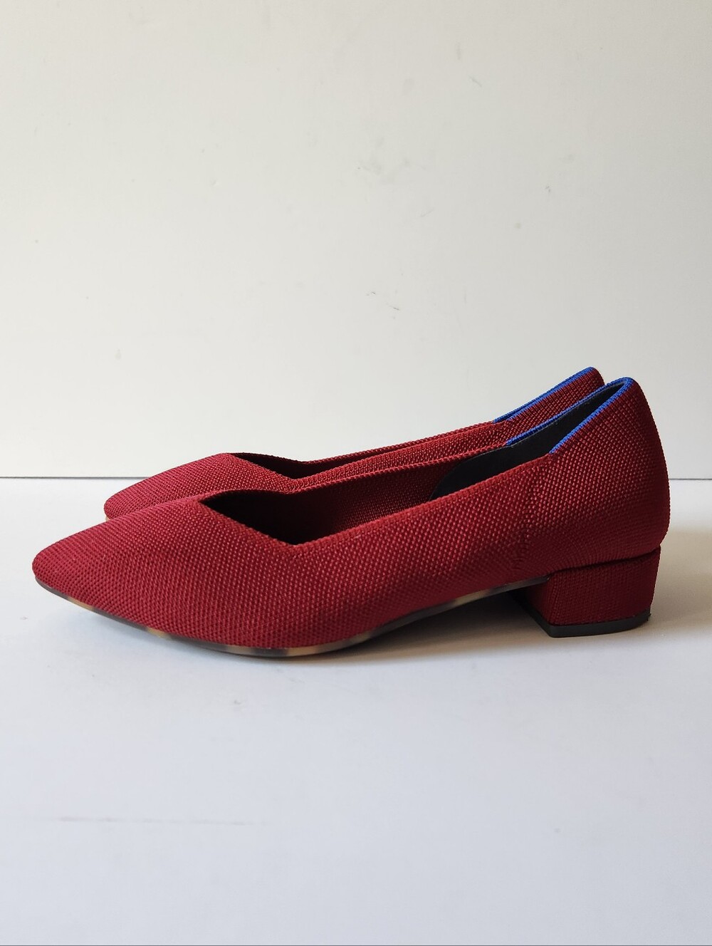 Rothy's The Heel Pointed Low Block Heel, Red with Tortoise Shell Soles US 7.5